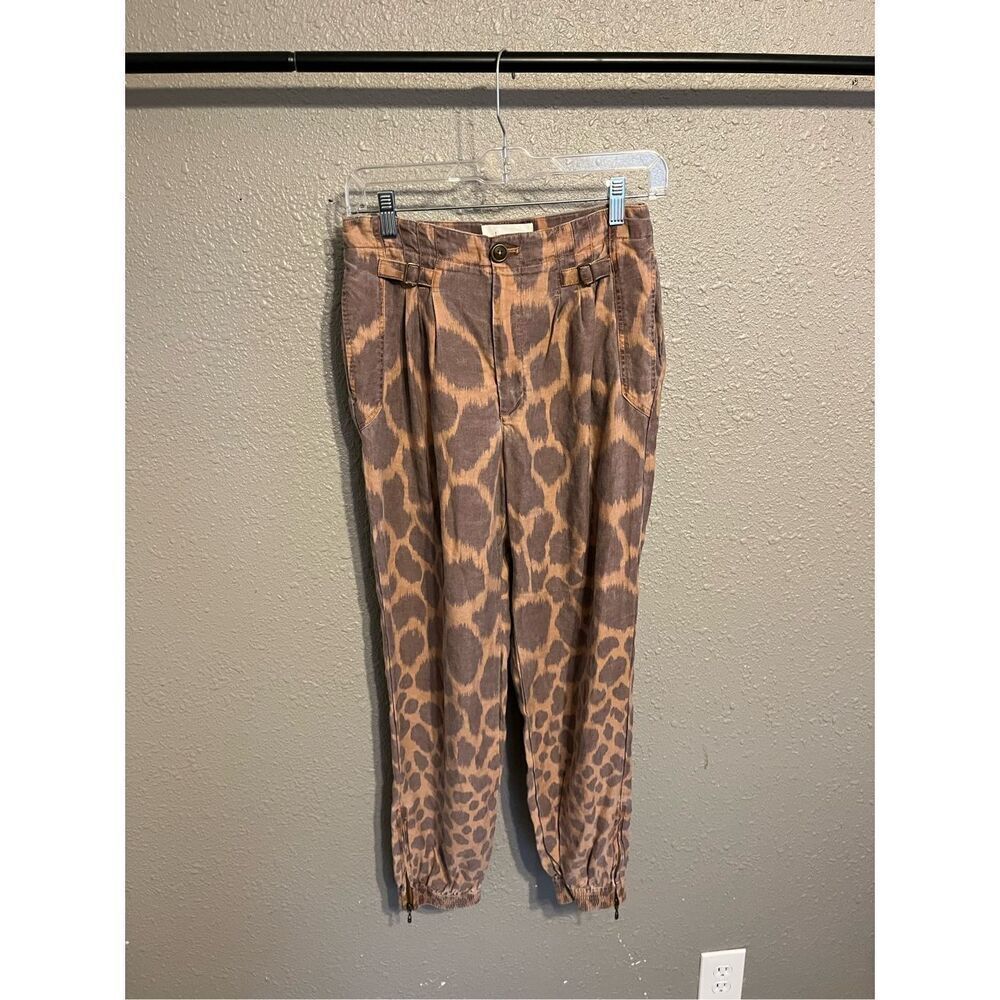 Anthropologie Brown Animal Print Joggers Women's Size 2 Linen Blend Zip Ankle